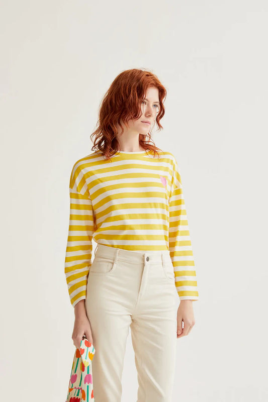 T-shirt con stampa a righe gialle con ricamo a tulipano