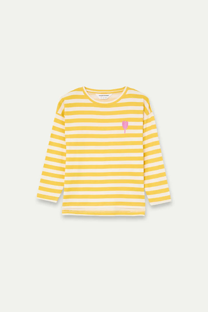 T-shirt con stampa a righe gialle con ricamo a tulipano