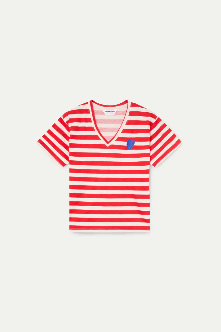 T-shirt con stampa a righe rosse con ricamo a cuore