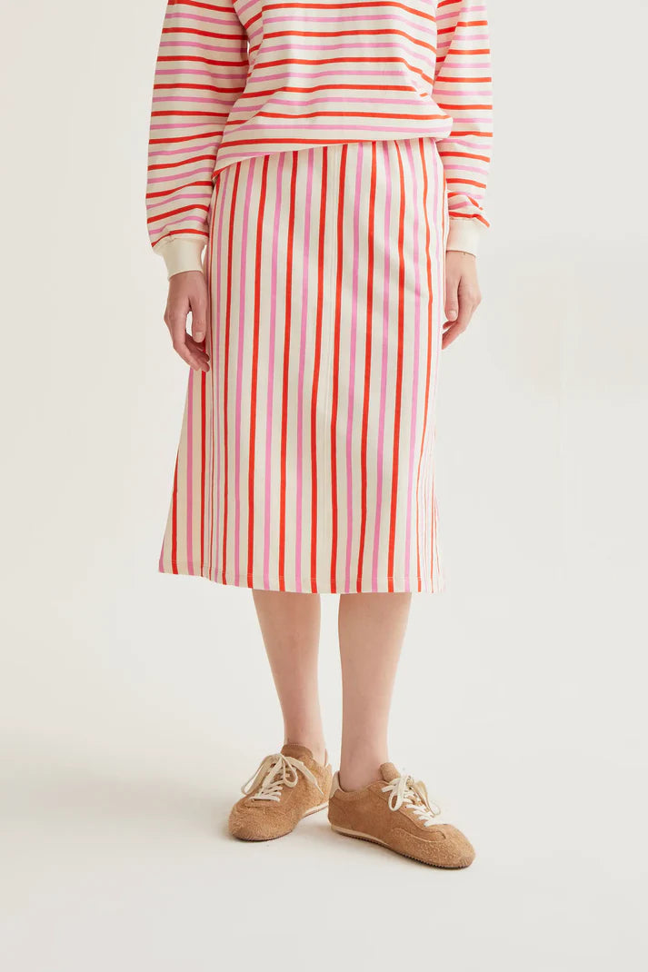 Gonna midi con stampa a righe rosa e rosso