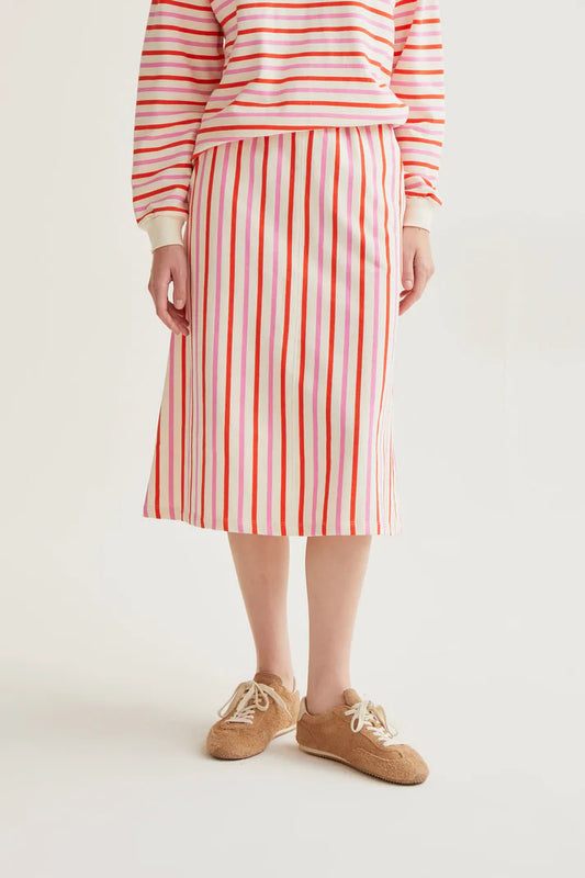 Gonna midi con stampa a righe rosa e rosso