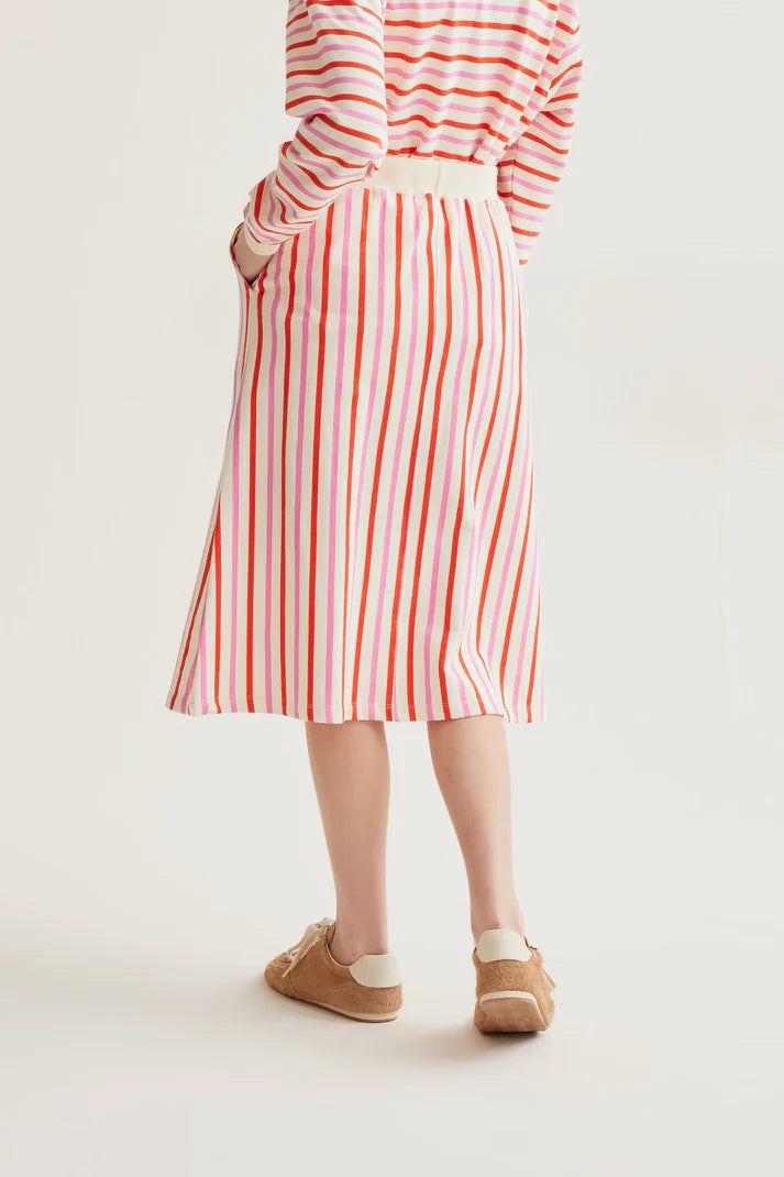 Gonna midi con stampa a righe rosa e rosso