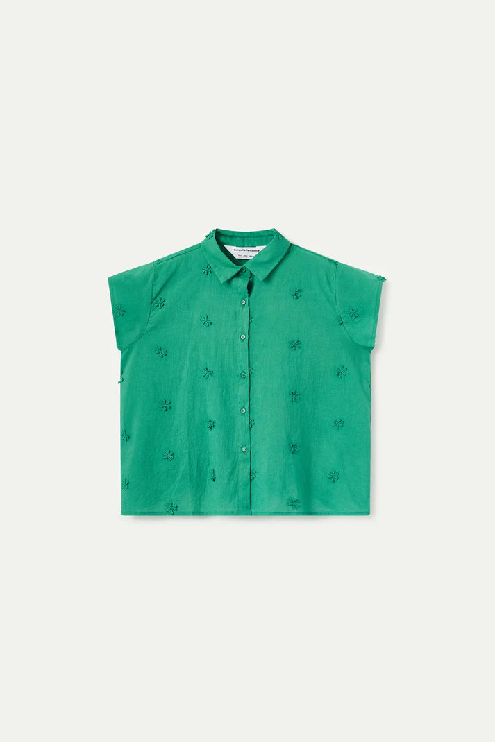 Camicia 100% cotone verde con ricamo floreale