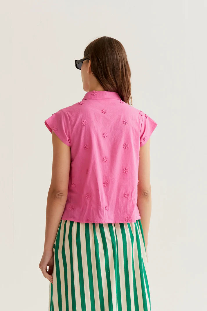 Camicia 100% cotone rosa con ricamo floreale