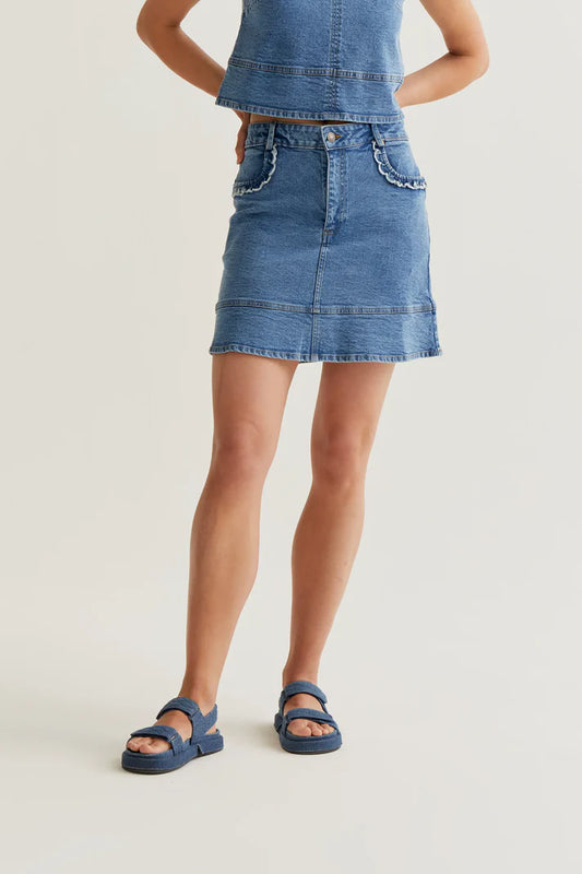 Gonna in denim blu con dettaglio di volant