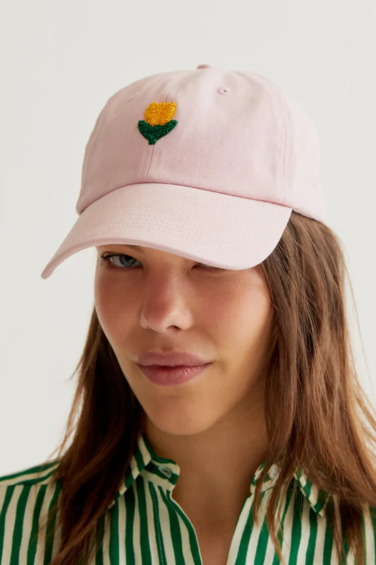 Berretto rosa con ricamo a tulipano