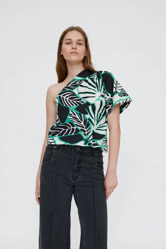 Top asimmetrico con stampa Iguana
