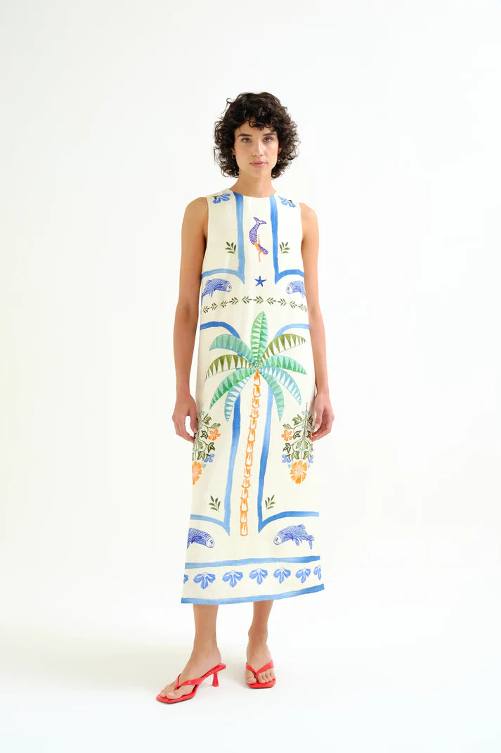 Abito lungo con stampa Palm & Mermaid