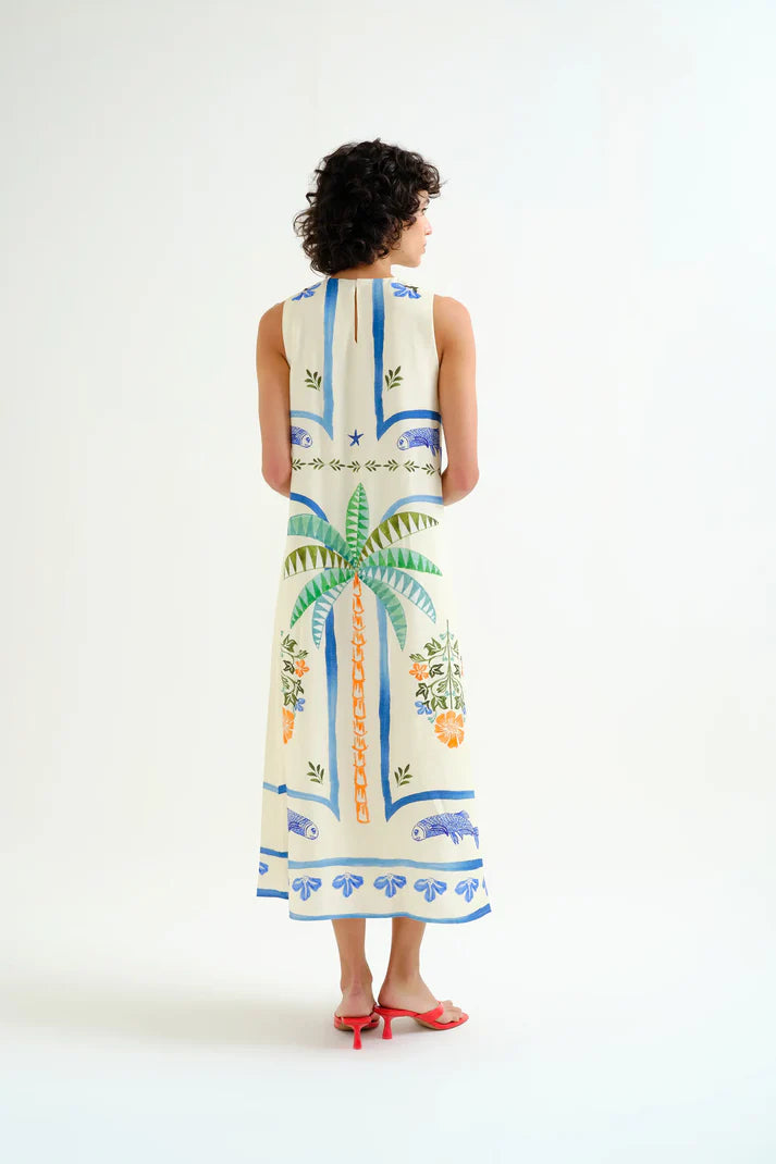 Abito lungo con stampa Palm & Mermaid