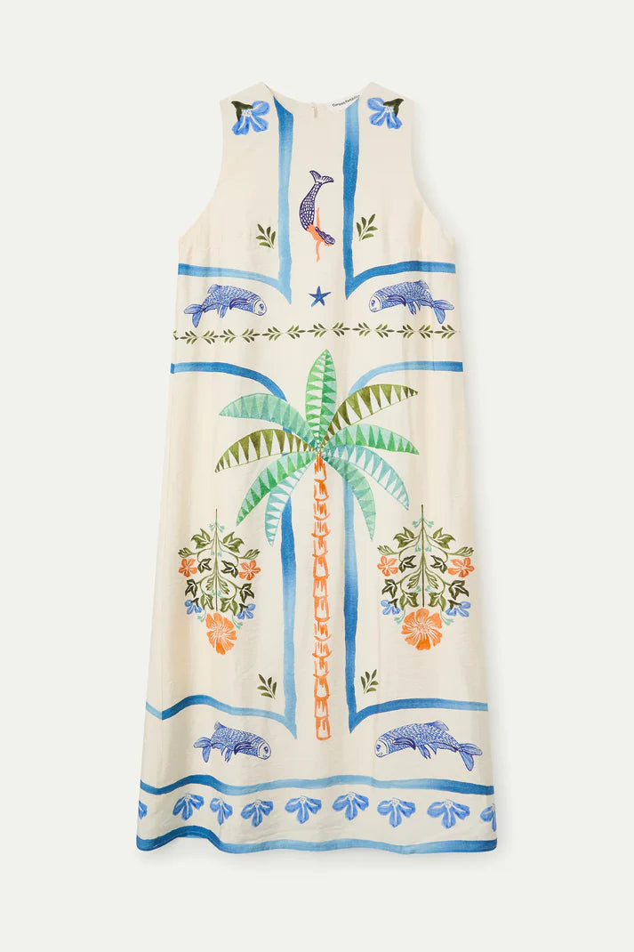 Abito lungo con stampa Palm & Mermaid
