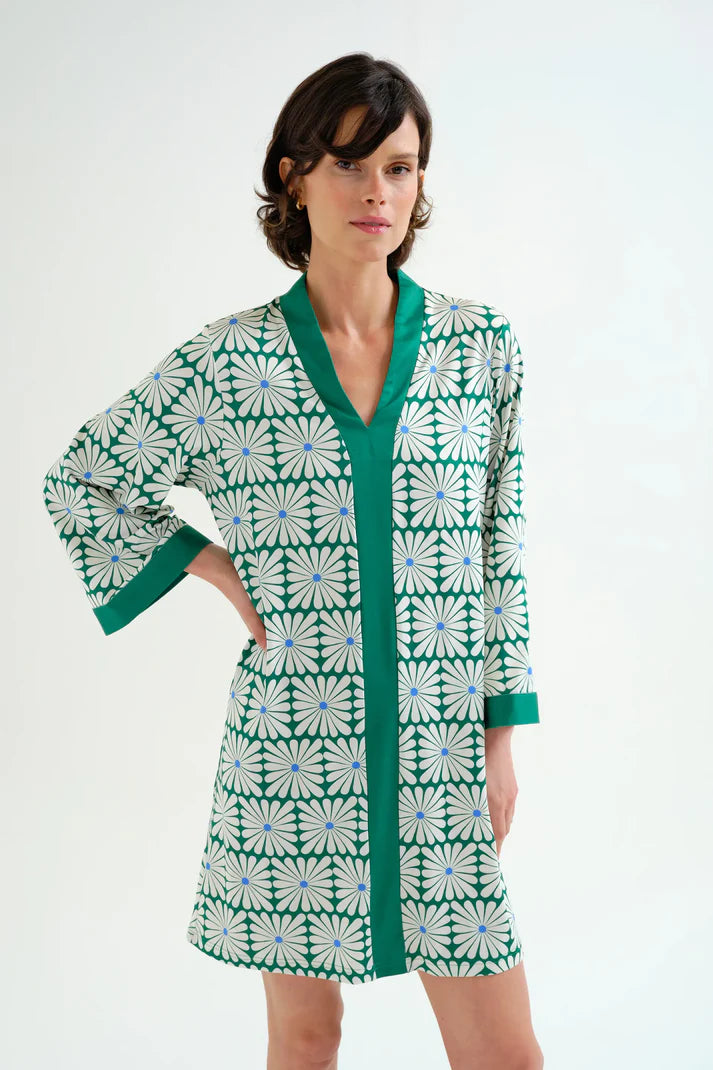 Caftano corto con stampa Olive Flower Green
