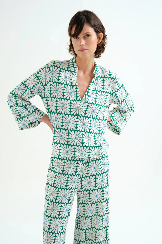 Top da spiaggia con stampa Olive Flower Green manica lunga