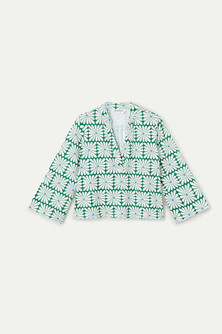 Top da spiaggia con stampa Olive Flower Green manica lunga
