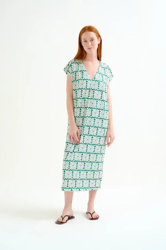Caftan lungo con stampa Olive Flower Green