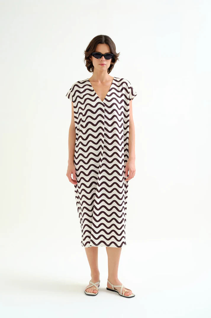 Kaftan lungo con stampa Wave Black & White