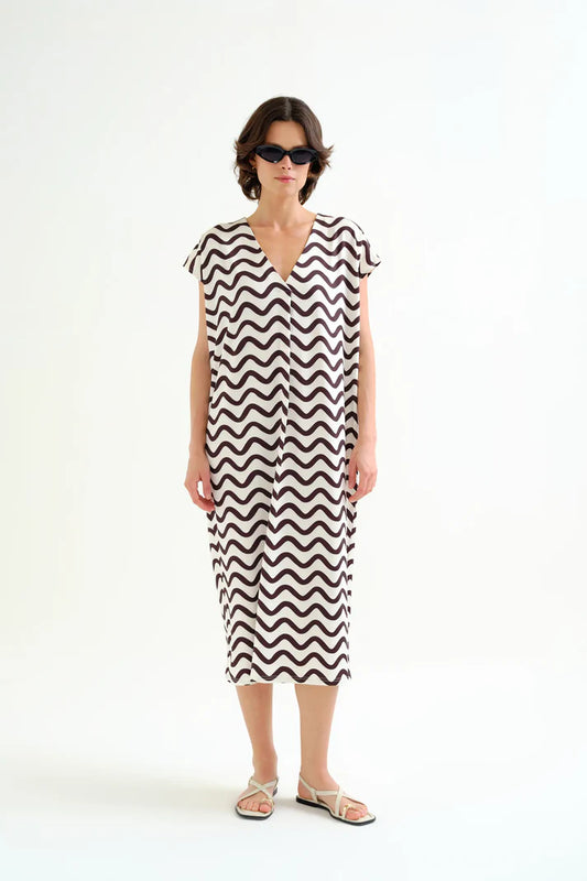 Kaftan lungo con stampa Wave Black & White
