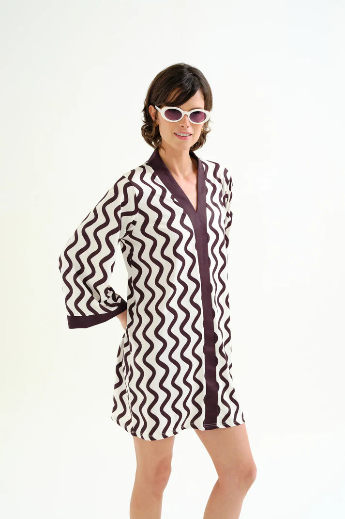 Caftano corto con stampa Wave Black & White