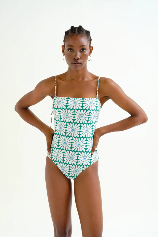 Costume da bagno scollo dritto stampa Olive Flower Green