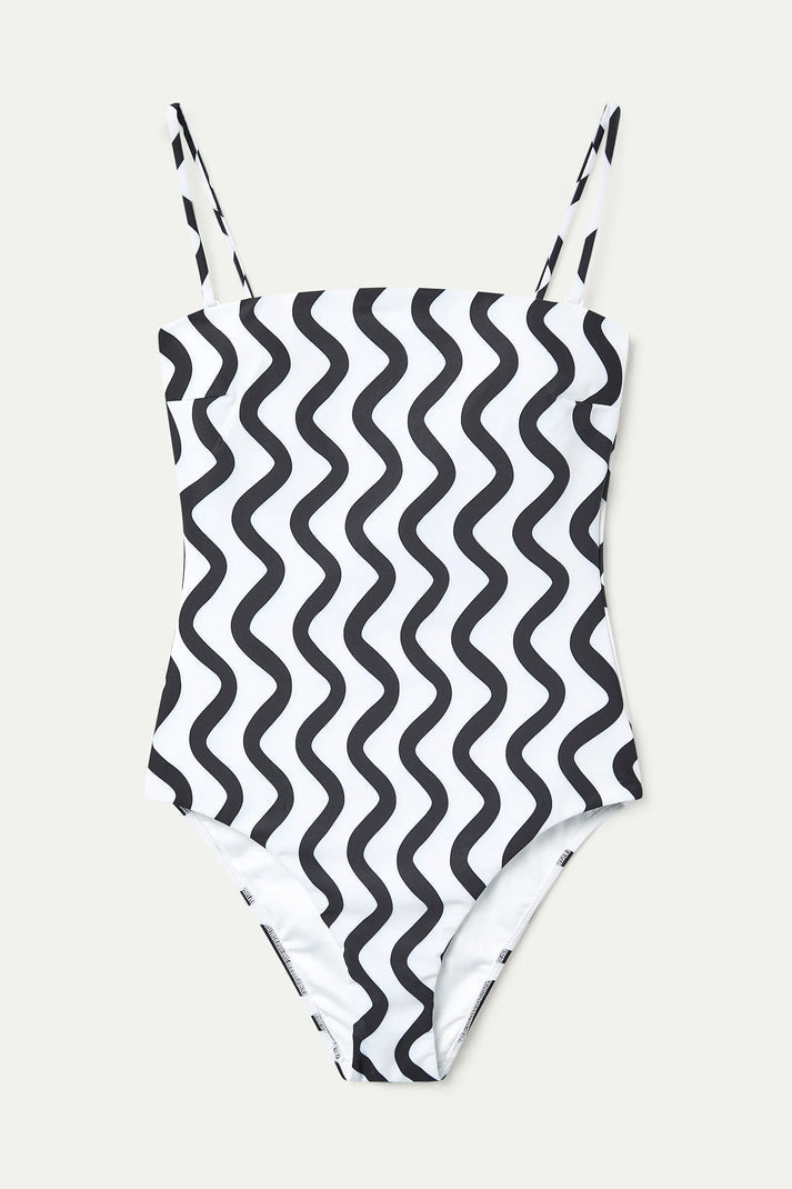 Costume da bagno scollo dritto stampato Wave Black & White