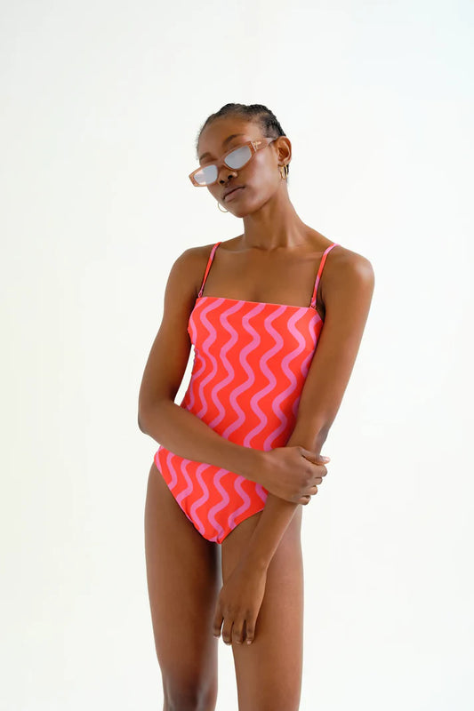 Costume da bagno con scollo dritto stampato Wave Red & Pink