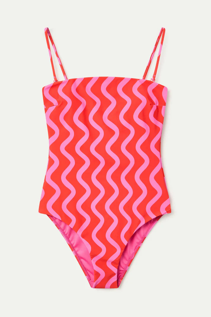 Costume da bagno con scollo dritto stampato Wave Red & Pink