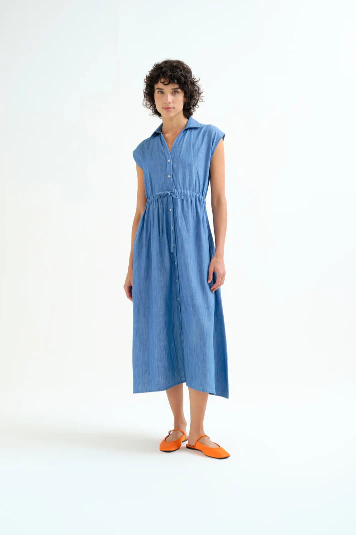 Abito midi 100% cotone chambray azzurro