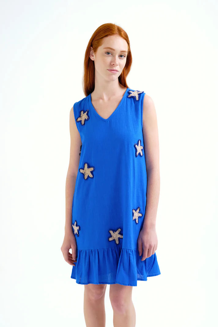 Abito corto 100% cotone blu navy con applicazioni a stella