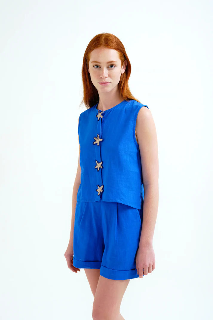 Top 100% cotone blu navy con applicazione a stelle
