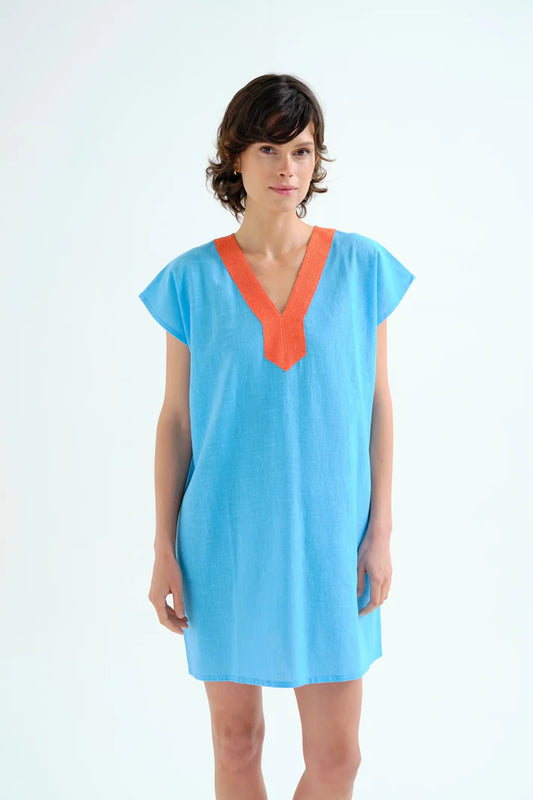 Caftano corto blu con scollatura arancione
