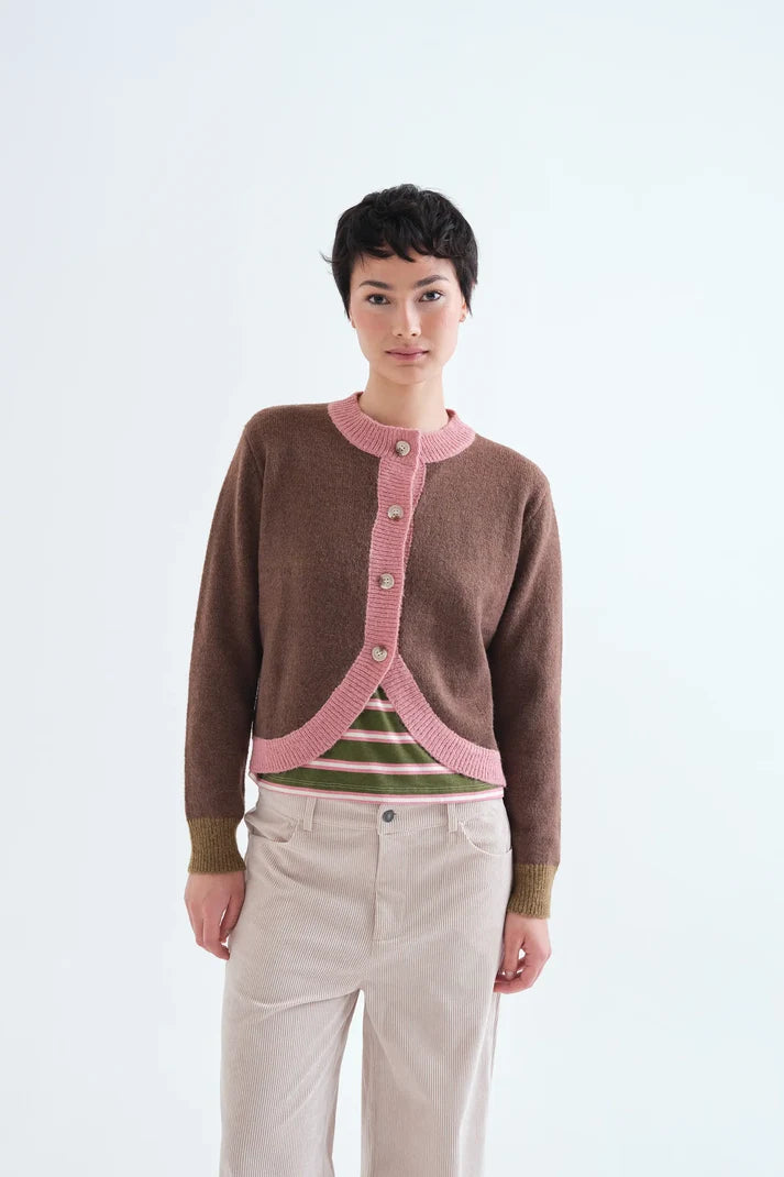 Cardigan maglia bicolore marrone e rosa