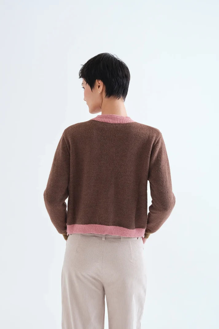 Cardigan maglia bicolore marrone e rosa