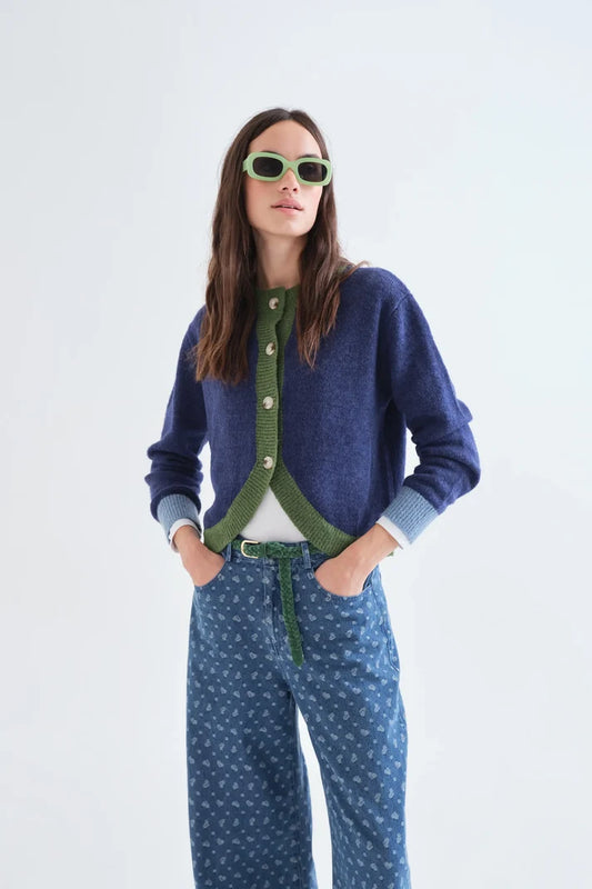 Cardigan maglia bicolore blu e verde