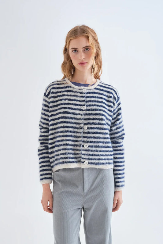 Cardigan a righe bianche e blu