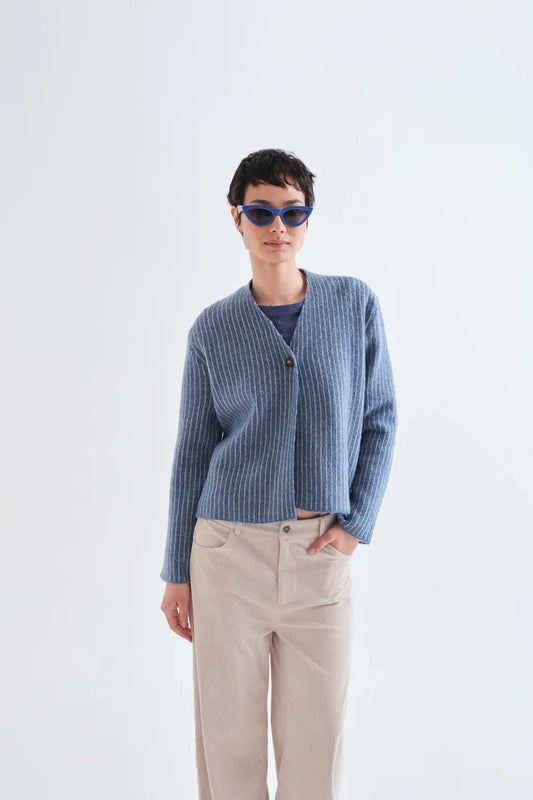 Cardigan con stampa a righe azzurro e bianco