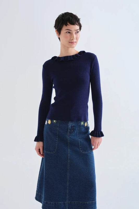 Top con volant in maglia blu navy