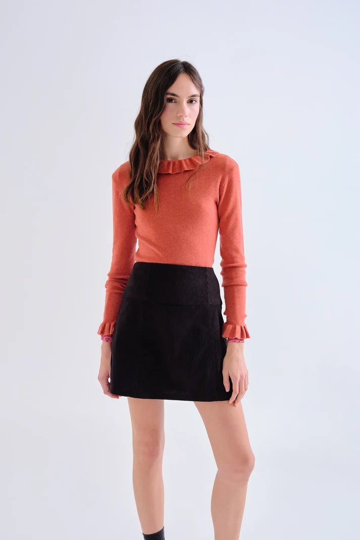 Top con volant in maglia ruggine