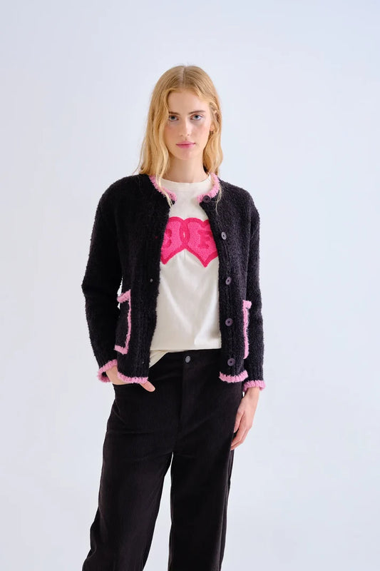 Cardigan nero con dettagli rosa
