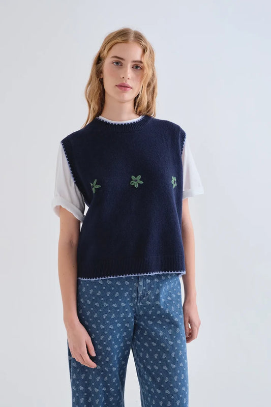 Gilet lavorato a maglia blu con dettagli ricamati floreali