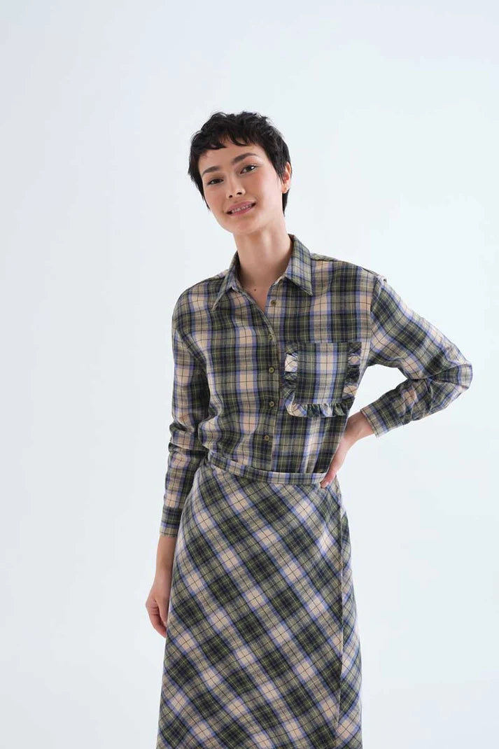 Camicia 100% cotone con stampa a quadri verde