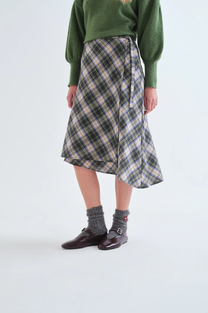 Gonna midi 100% cotone con stampa a quadri verde