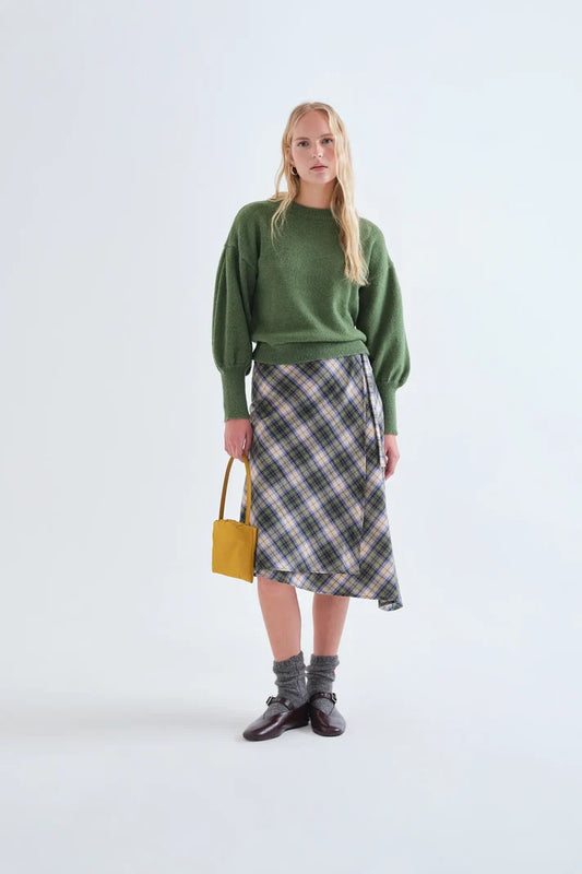 Gonna midi 100% cotone con stampa a quadri verde