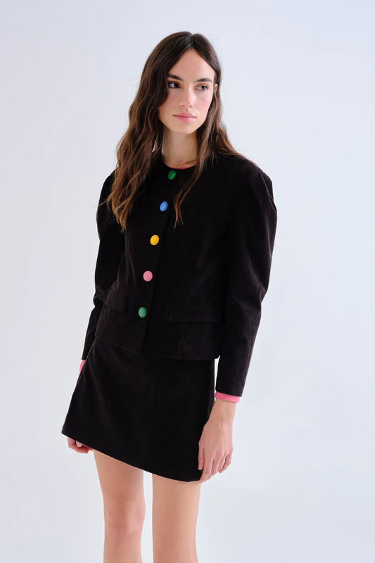 Giacca in velluto nero con bottoni multicolore