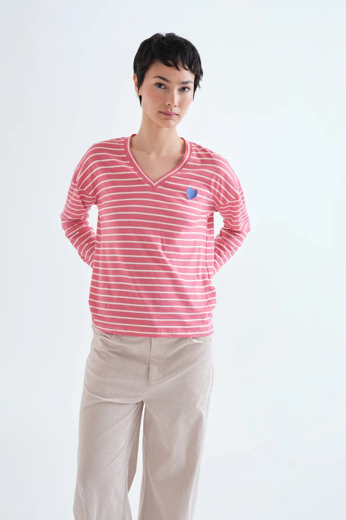 T-shirt 100% cotone con stampe a righe rosa