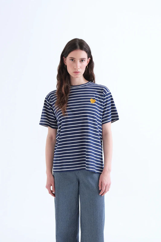T-shirt 100% cotone con stampa a righe blu navy