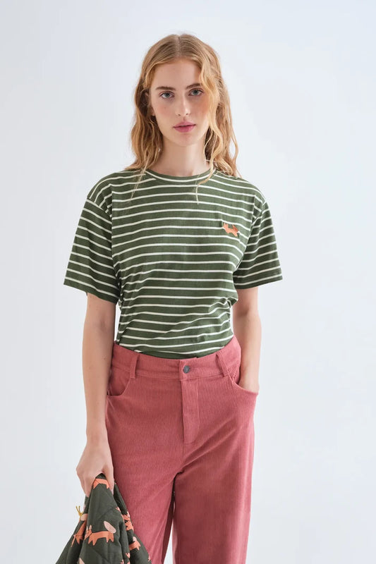 T-shirt 100% cotone con stampa a righe verde oliva