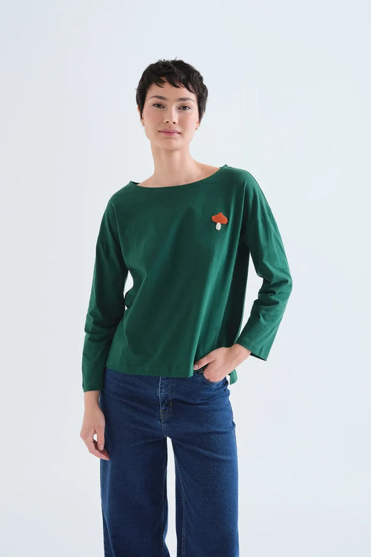 T-shirt 100% cotone verde con toppa di funghi