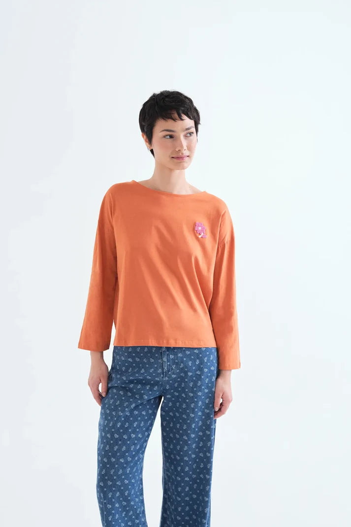 T-shirt 100% cotone arancione con toppa di fiori