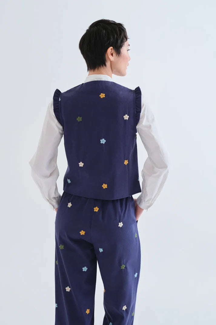 Gilet 100% cotone blu navy con ricamo floreale