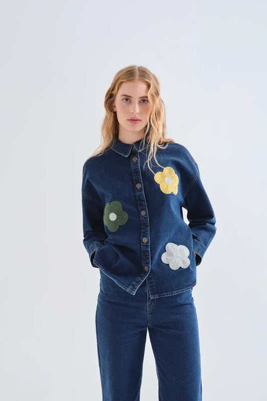 Camicia in denim blu con stampa Euphonia