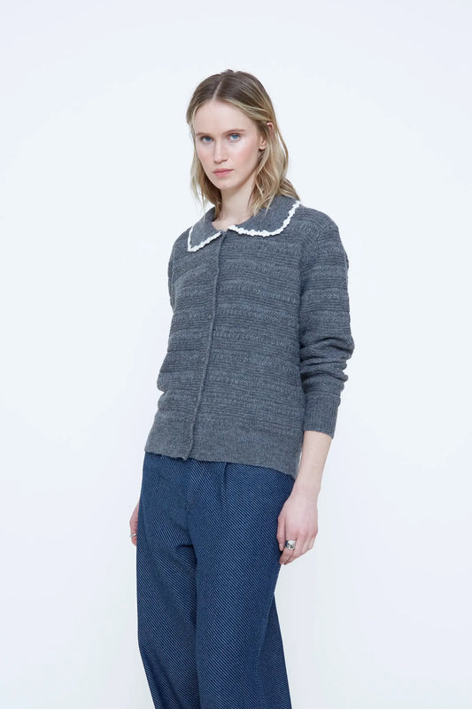 Cardigan maglia grigia collo bavaglino